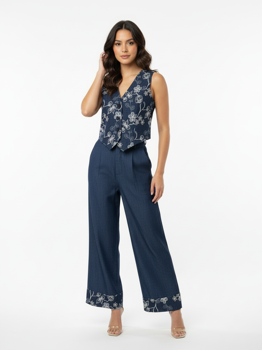 Women's Dark Blue Floral Embroidered V-neck Sleeveless Cropped Top + Dark Blue Embroidered Wide-leg Pants Set, Retro-style Sweet Slimming Two-piece Outfit