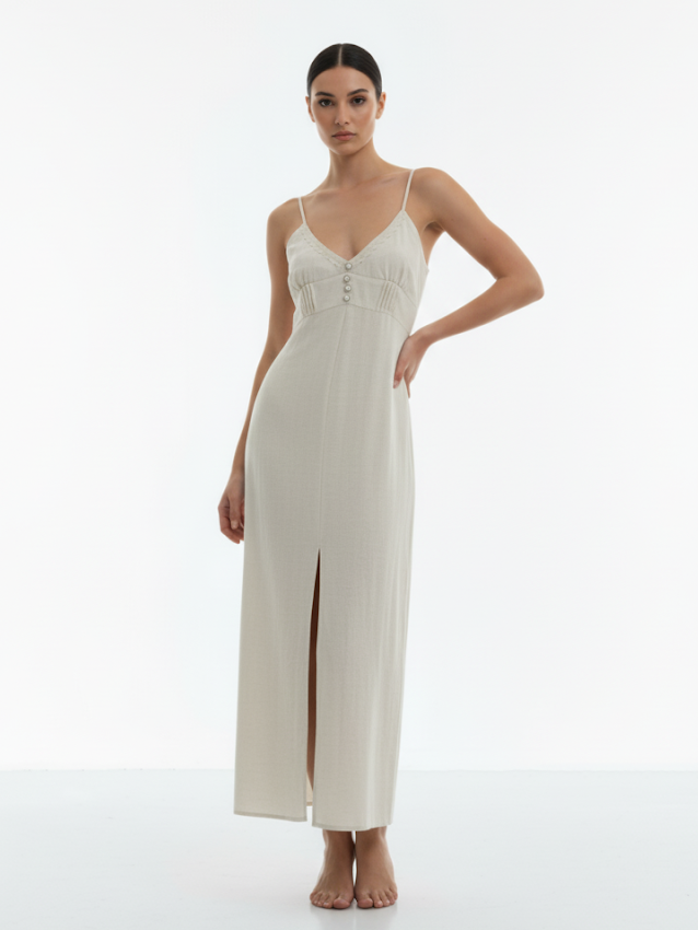 Women's Beige Camisole Buttoned Slit Maxi Dress, Retro-style Elegant Slimming Dress