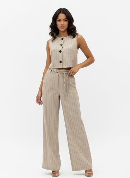 "Women's Khaki Vertical Stripe Single-breasted Sleeveless Cropped Top + High-waisted Wide-leg Pants Set, Retro-style Smart Slimming Two-piece Outfit "