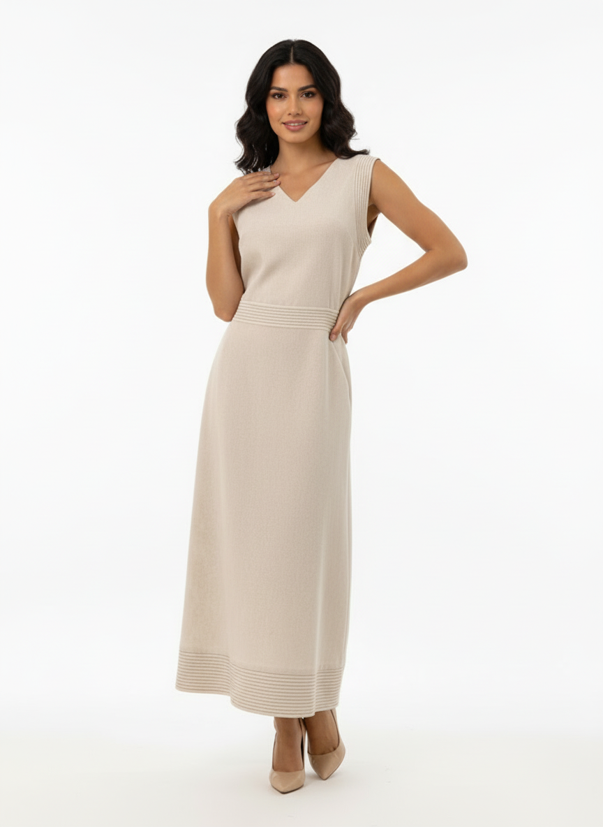 Women's Beige V-neck Sleeveless Waist-defined Maxi Dress, Retro-style Minimalist Slimming Knitted Dress