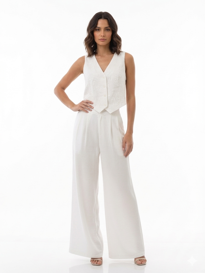 Women's White V-neck Sleeveless Single-breasted Cropped Top + White Wide-leg Pants Set, Retro-style Minimalist Slimming Two-piece Outfit