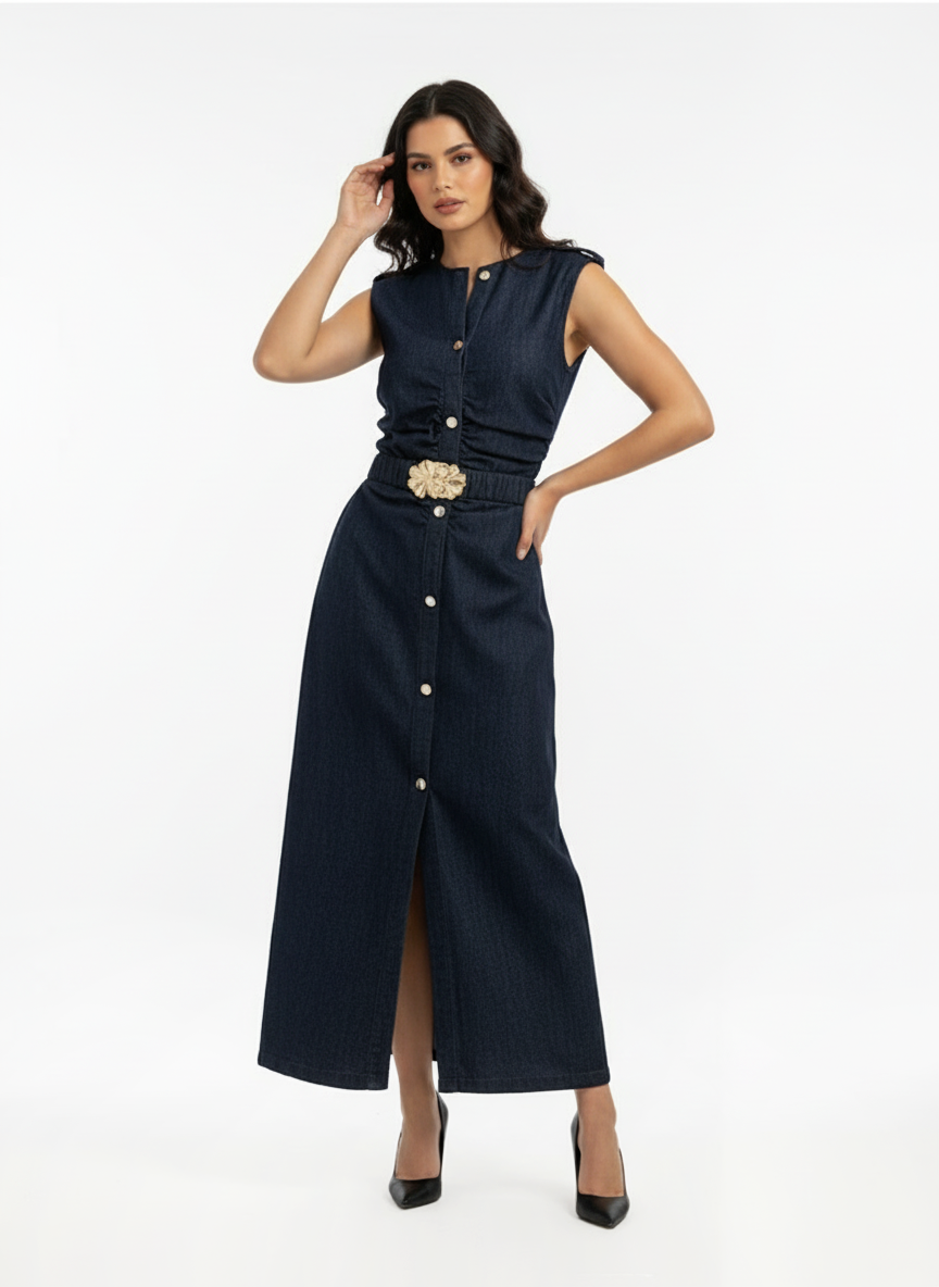 Women's Dark Blue Single-breasted Waist-defined Slit Sleeveless Denim Maxi Dress, Retro-style Smart Slimming Dress
