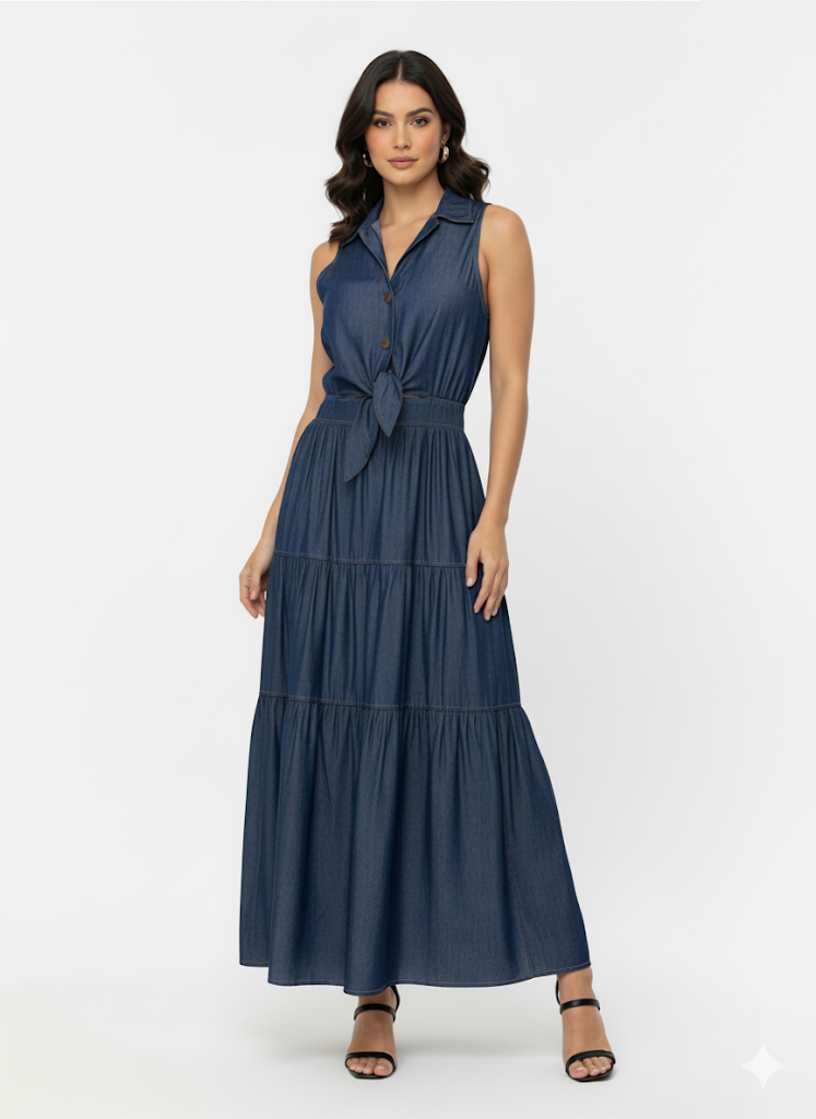 Women's Dark Blue Collared Sleeveless Tie-up Waist-defined Tiered Ruffle Denim Maxi Dress, Retro-style Sweet Slimming Dress