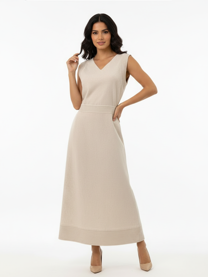 Women's Beige V-neck Sleeveless Waist-defined Maxi Dress, Retro-style Minimalist Slimming Knitted Dress