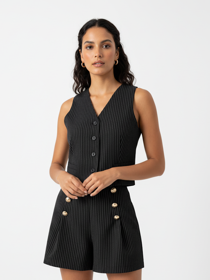 Women's Black Pinstripe V-neck Sleeveless Cropped Top + Black Striped Metal Buckle Shorts Set, Retro-style Smart Slimming Two-piece Outfit