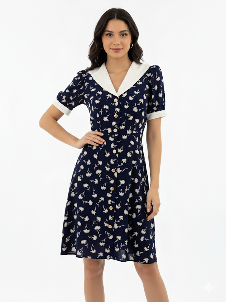 Women's Dark Blue Floral Printed Contrast Collar Short-sleeve Waist-defined Dress, Retro-style Sweet Slimming Dress