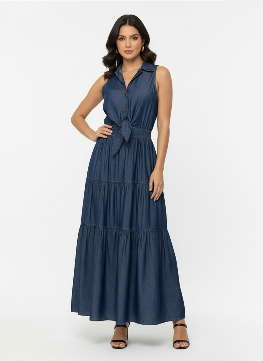 Women's Dark Blue Collared Sleeveless Tie-up Waist-defined Tiered Ruffle Denim Maxi Dress, Retro-style Sweet Slimming Dress