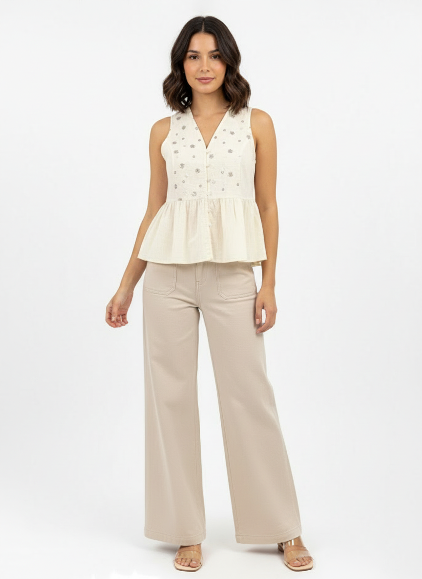 Women's Beige Floral Embroidered V-neck Sleeveless Peplum Top + Beige Wide-leg Pants Set, Retro-style Sweet Slimming Two-piece Outfit