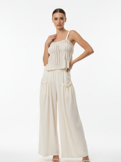 Women's Beige Hollow-out Ruched Camisole Cropped Top + Beige Wide-leg Pants Set, Retro-style Sweet Slimming Two-piece Outfit