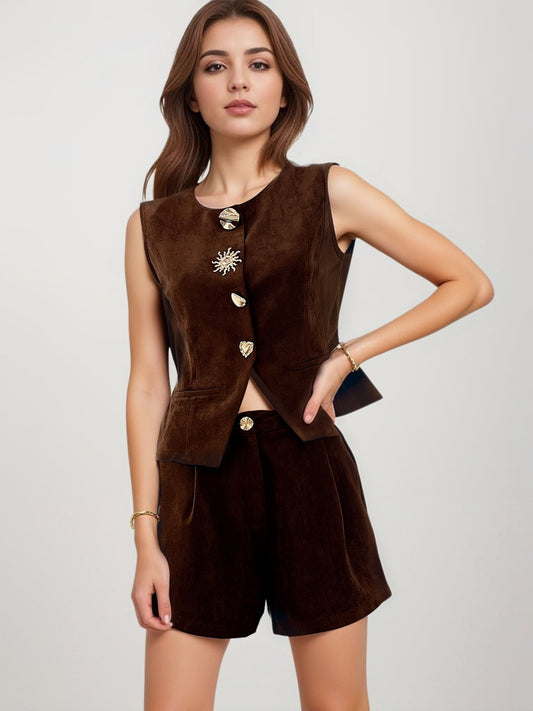 Women's Brown Suede-Like Decorative-Button Sleeveless Vest + Shorts Two-Piece Set