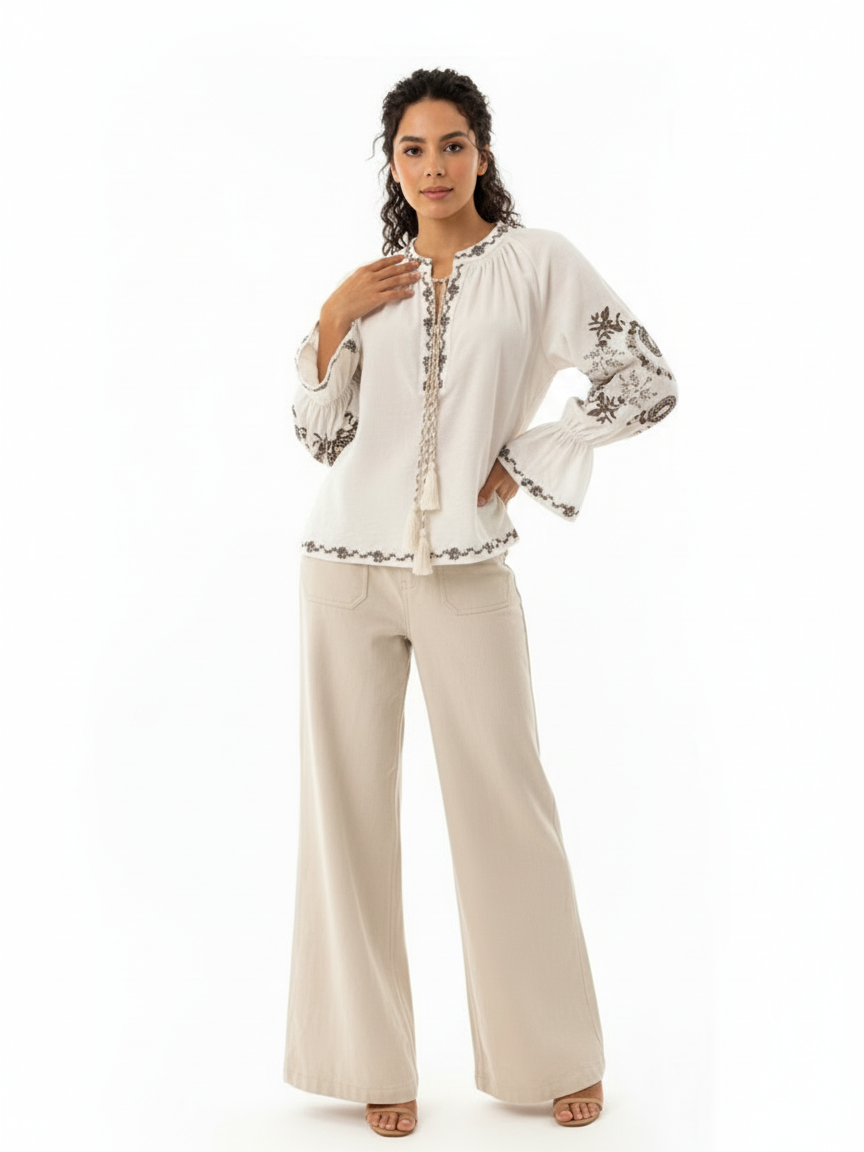 Women's Beige Ethnic Embroidered Tassel Bell-sleeve Top + Beige Wide-leg Pants Set, Retro-style Exotic Slimming Two-piece Outfit