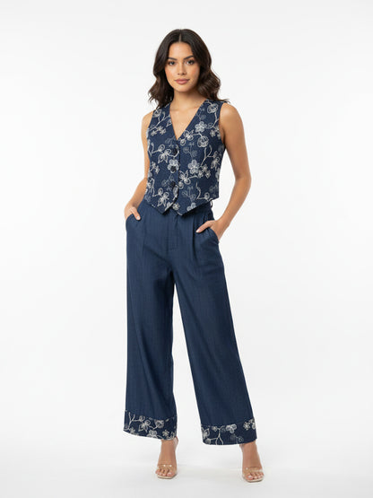 Women's Dark Blue Floral Embroidered V-neck Sleeveless Cropped Top + Dark Blue Embroidered Wide-leg Pants Set, Retro-style Sweet Slimming Two-piece Outfit