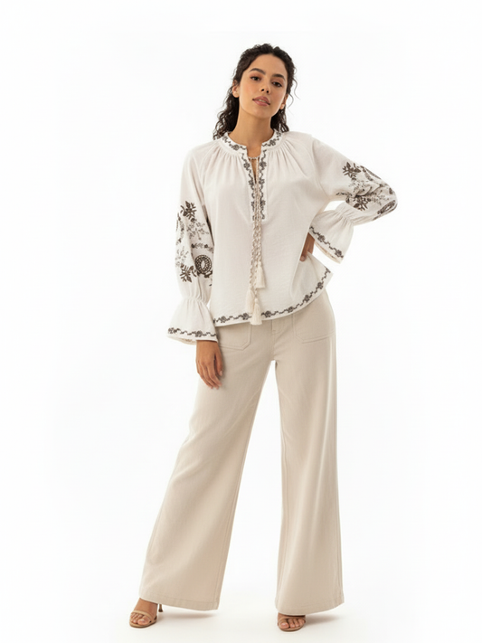 Women's Beige Ethnic Embroidered Tassel Bell-sleeve Top + Beige Wide-leg Pants Set, Retro-style Exotic Slimming Two-piece Outfit