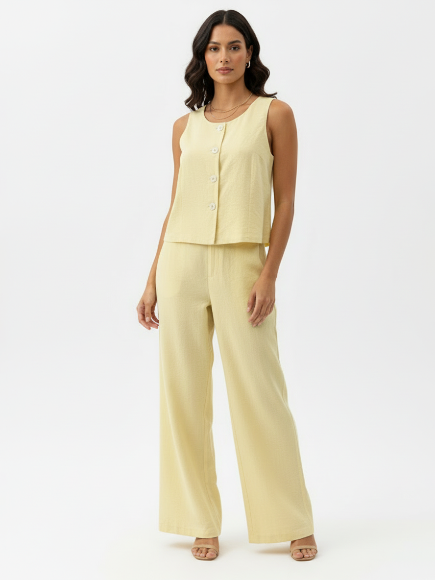 Women's Light Yellow Sleeveless Single-breasted Cropped Top + Wide-leg Pants Set, Retro-style Fresh Slimming Two-piece Outfit