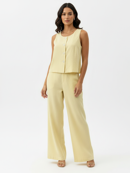 Women's Light Yellow Sleeveless Single-breasted Cropped Top + Wide-leg Pants Set, Retro-style Fresh Slimming Two-piece Outfit