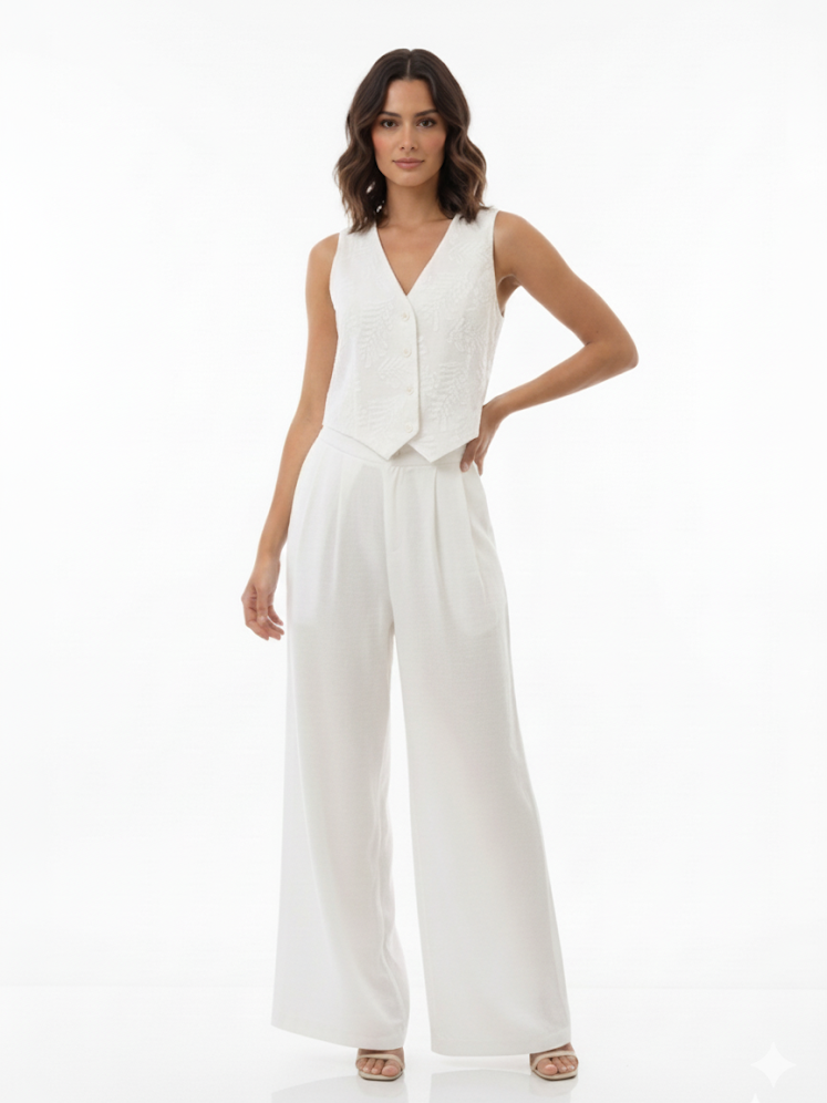 Women's White V-neck Sleeveless Single-breasted Cropped Top + White Wide-leg Pants Set, Retro-style Minimalist Slimming Two-piece Outfit