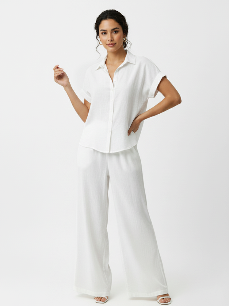Women's White Collared Short-sleeve Cropped Top + White Wide-leg Pants Set, Retro-style Minimalist Slimming Two-piece Outfit