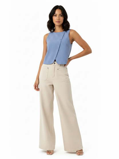 Women's Blue-white Vertical Stripe Asymmetric Sleeveless Cropped Top + Beige Wide-leg Pants Set, Retro-style Minimalist Slimming Two-piece Outfit