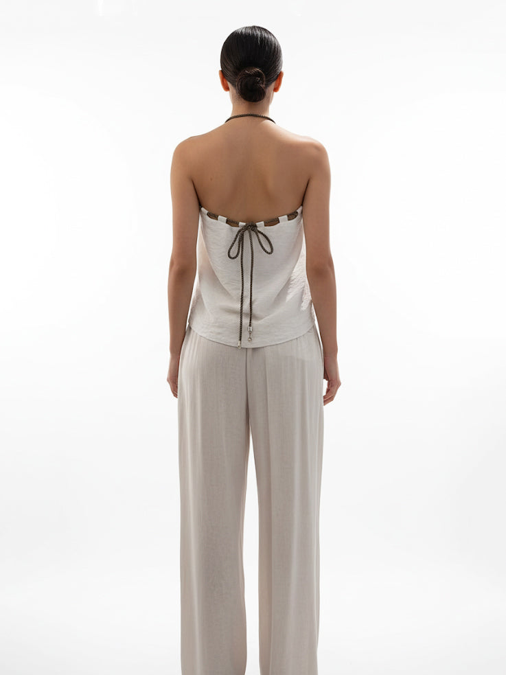 Women's White Halter Tie-up Cropped Top + White Wide-leg Pants Set, Retro-style Minimalist Slimming Two-piece Outfit
