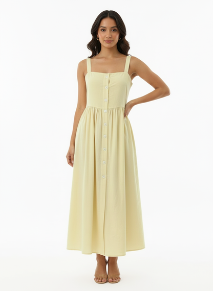 Women's Light Yellow Square Neck Single-breasted Camisole Maxi Dress, Retro-style Fresh Slimming A-line Dress