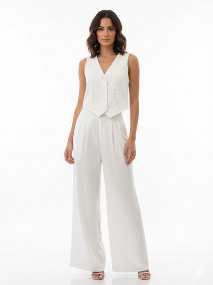 Women's White V-neck Sleeveless Single-breasted Cropped Top + White Wide-leg Pants Set, Retro-style Minimalist Slimming Two-piece Outfit