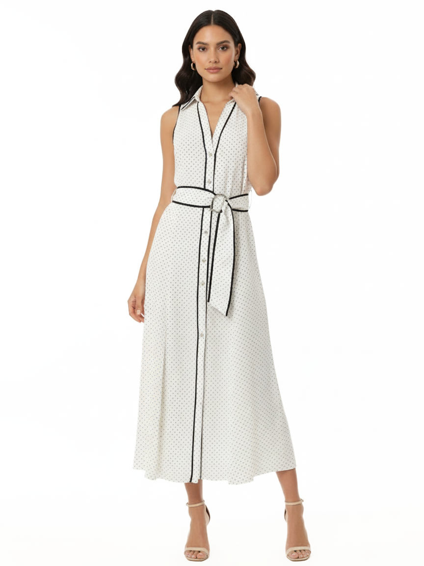 Women's White-based Black Polka Dot Contrast-trimmed Belted Collared Midi Dress, Retro-style Elegant Slimming Shirt Dress
