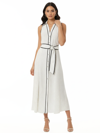 Women's White-based Black Polka Dot Contrast-trimmed Belted Collared Midi Dress, Retro-style Elegant Slimming Shirt Dress