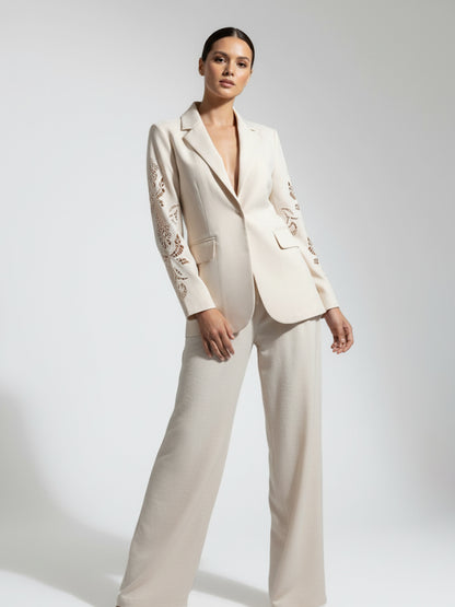 Women's Beige Hollow-out Patterned Blazer + Beige Wide-leg Pants Set, Retro-style Minimalist Slimming Two-piece Outfit