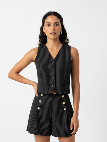 Women's Black Pinstripe V-neck Sleeveless Cropped Top + Black Striped Metal Buckle Shorts Set, Retro-style Smart Slimming Two-piece Outfit