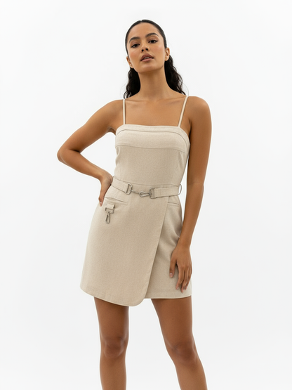 Women's Beige Camisole Waist-defined Metal Buckle-embellished Asymmetric Dress, Retro-style Smart Slimming Dress