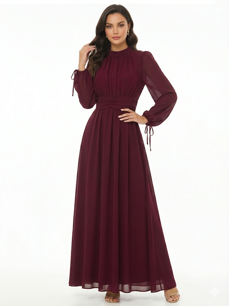 "Women's Burgundy Stand Collar Long-sleeve Waist-defined Maxi Dress, Retro-style Elegant Slimming Dress "