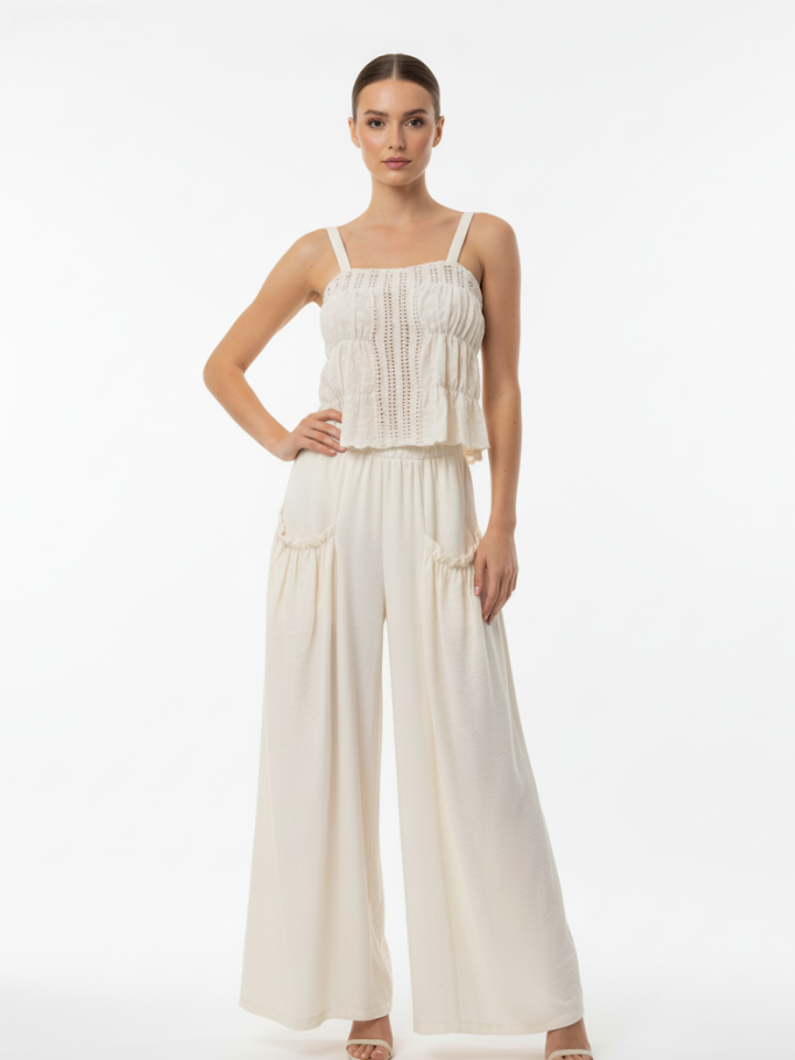 Women's Beige Hollow-out Ruched Camisole Cropped Top + Beige Wide-leg Pants Set, Retro-style Sweet Slimming Two-piece Outfit