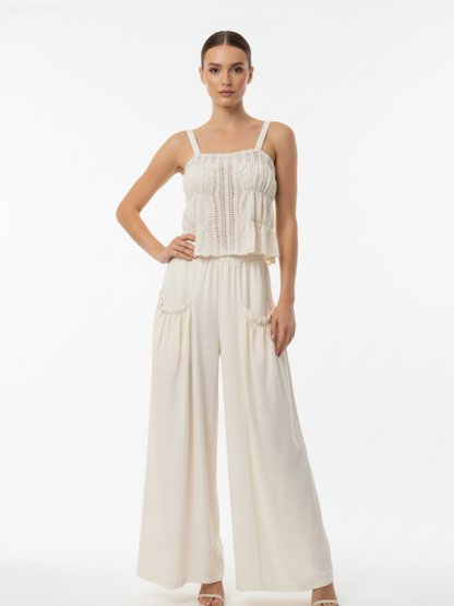 Women's Beige Hollow-out Ruched Camisole Cropped Top + Beige Wide-leg Pants Set, Retro-style Sweet Slimming Two-piece Outfit