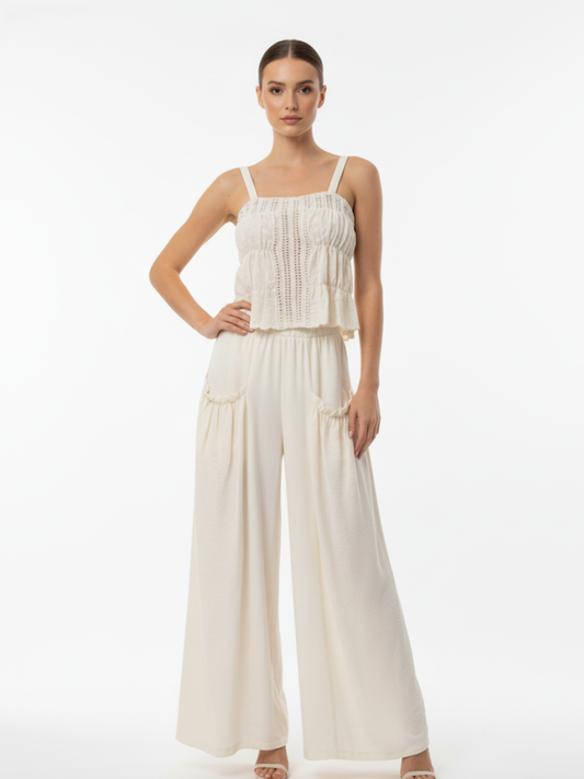 Women's Beige Hollow-out Ruched Camisole Cropped Top + Beige Wide-leg Pants Set, Retro-style Sweet Slimming Two-piece Outfit