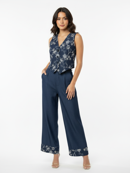 Women's Dark Blue Floral Embroidered V-neck Sleeveless Cropped Top + Dark Blue Embroidered Wide-leg Pants Set, Retro-style Sweet Slimming Two-piece Outfit