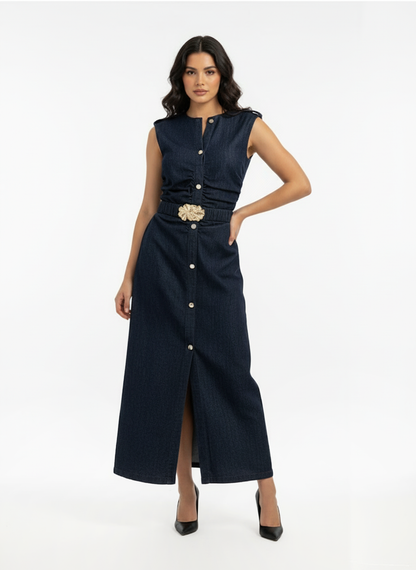 Women's Dark Blue Single-breasted Waist-defined Slit Sleeveless Denim Maxi Dress, Retro-style Smart Slimming Dress