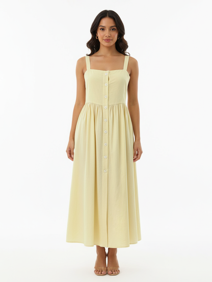 Women's Light Yellow Square Neck Single-breasted Camisole Maxi Dress, Retro-style Fresh Slimming A-line Dress