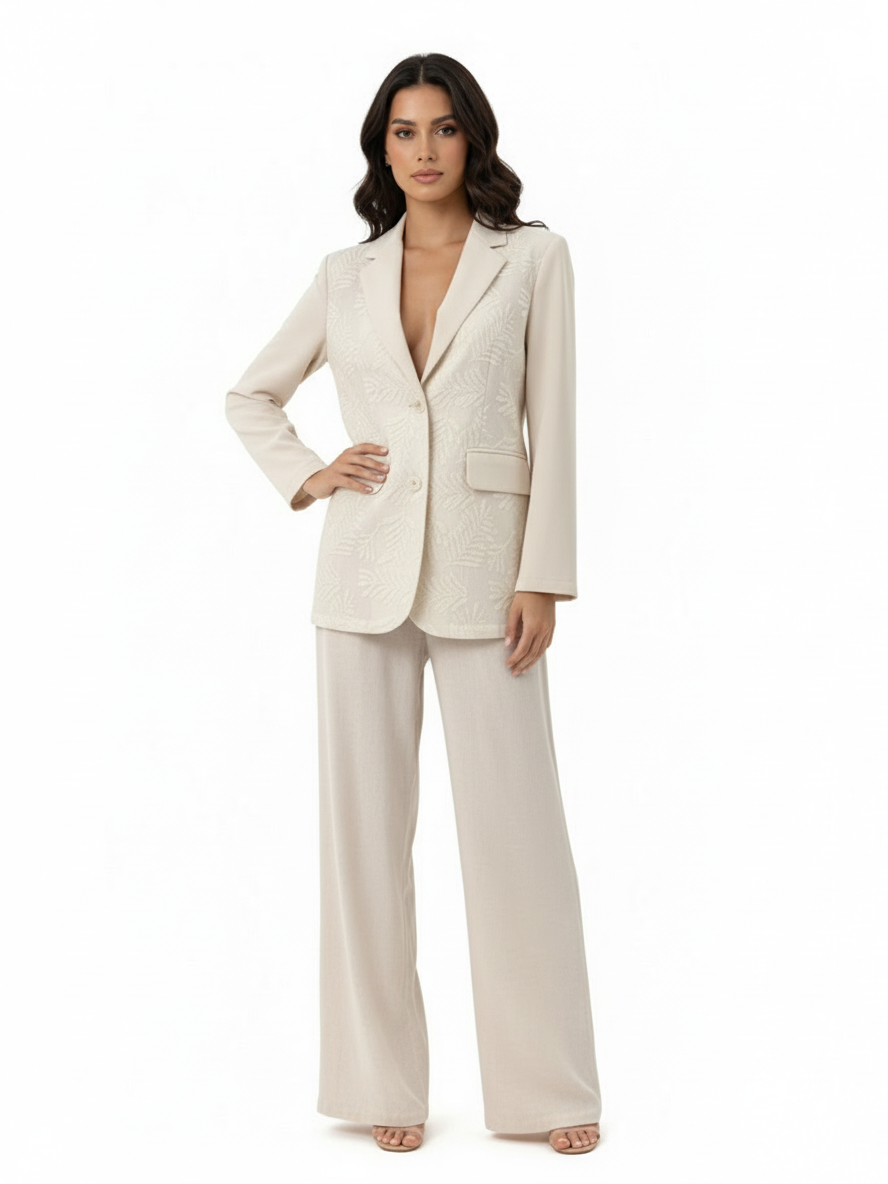 Women's Beige Jacquard Blazer + Beige Wide-leg Pants Set, Retro-style Minimalist Slimming Two-piece Outfit