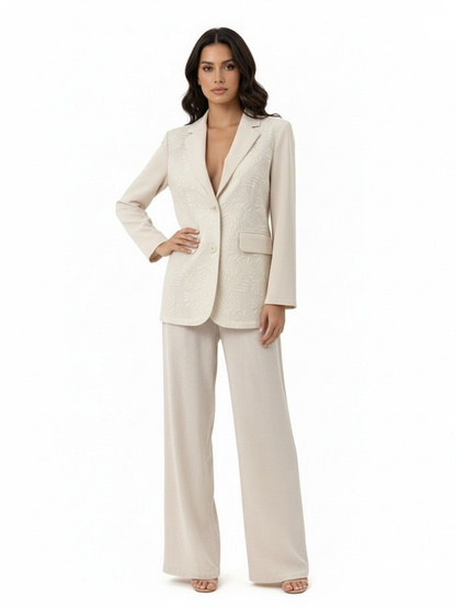 Women's Beige Jacquard Blazer + Beige Wide-leg Pants Set, Retro-style Minimalist Slimming Two-piece Outfit