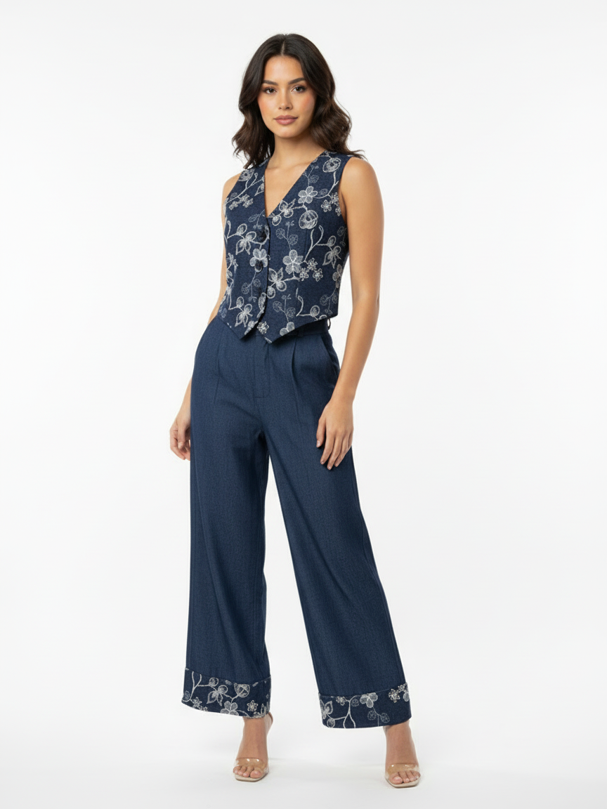 Women's Dark Blue Floral Embroidered V-neck Sleeveless Cropped Top + Dark Blue Embroidered Wide-leg Pants Set, Retro-style Sweet Slimming Two-piece Outfit