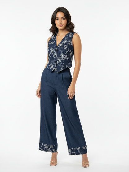 Women's Dark Blue Floral Embroidered V-neck Sleeveless Cropped Top + Dark Blue Embroidered Wide-leg Pants Set, Retro-style Sweet Slimming Two-piece Outfit