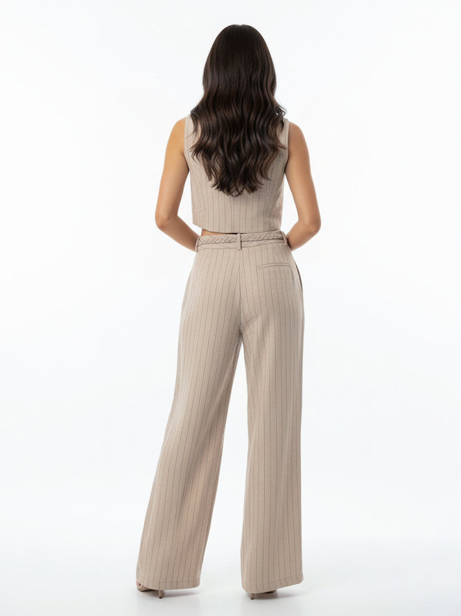 "Women's Khaki Vertical Stripe Single-breasted Sleeveless Cropped Top + High-waisted Wide-leg Pants Set, Retro-style Smart Slimming Two-piece Outfit "