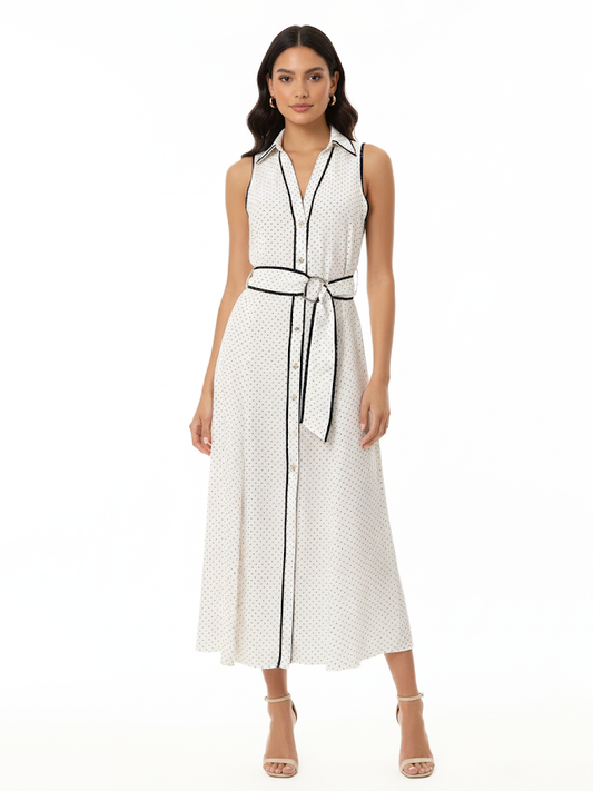 Women's White-based Black Polka Dot Contrast-trimmed Belted Collared Midi Dress, Retro-style Elegant Slimming Shirt Dress