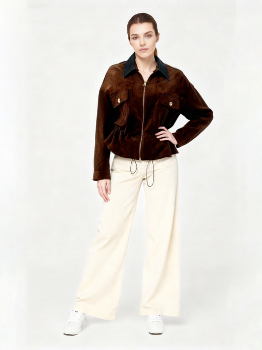 Women's Dark Brown Suede-Like Color-Block Fitted-Waist Cropped Jacket + Beige Wide-Leg Pants Two-Piece Set