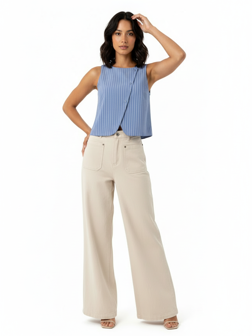 Women's Blue-white Vertical Stripe Asymmetric Sleeveless Cropped Top + Beige Wide-leg Pants Set, Retro-style Minimalist Slimming Two-piece Outfit