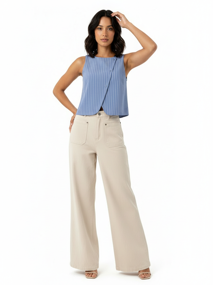 Women's Blue-white Vertical Stripe Asymmetric Sleeveless Cropped Top + Beige Wide-leg Pants Set, Retro-style Minimalist Slimming Two-piece Outfit