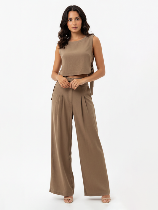Women's Khaki Sleeveless Cropped Top + High-waisted Wide-leg Pants Set, Retro-style Minimalist Slimming Two-piece Outfit