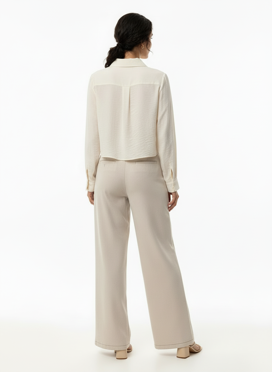 Women's Beige Collared Long-sleeve Cropped Top + Beige Wide-leg Pants Set, Retro-style Minimalist Slimming Two-piece Outfit