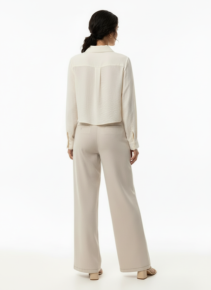 Women's Beige Collared Long-sleeve Cropped Top + Beige Wide-leg Pants Set, Retro-style Minimalist Slimming Two-piece Outfit