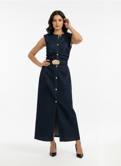 Women's Dark Blue Single-breasted Waist-defined Slit Sleeveless Denim Maxi Dress, Retro-style Smart Slimming Dress